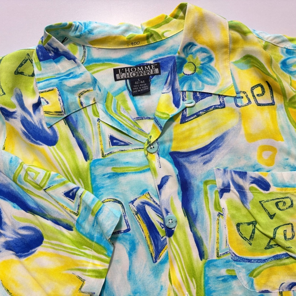 VTG L'Homme Loop Collar Shirt Rayon Abstract Water Color Print Button Up Large